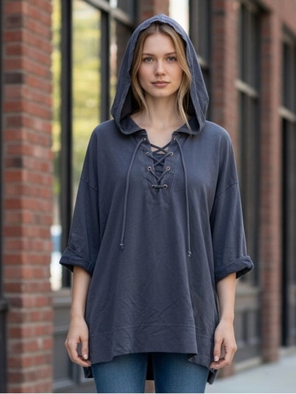 Green Tea Lace-up Hooded Short-sleeve Shirt Dark Gray Size XXL